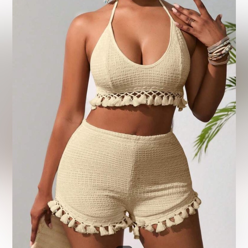 Tassel trim tie backless halter top and shorts